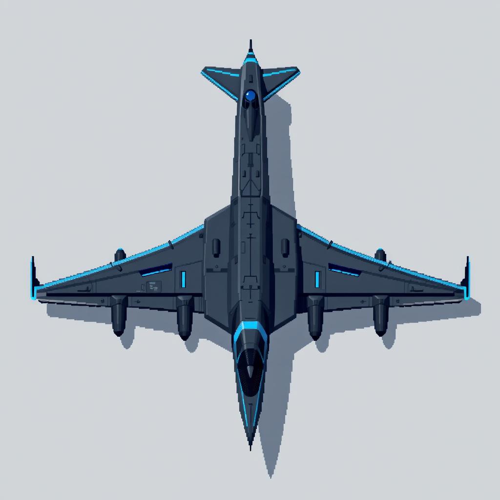 A large dark gray and blue futuristic airplane designed in pixel art style, viewed from above, showcasing its impressive size and sleek design