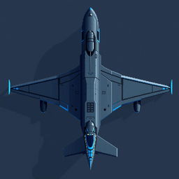 A large dark gray and blue futuristic airplane designed in pixel art style, viewed from above, showcasing its impressive size and sleek design