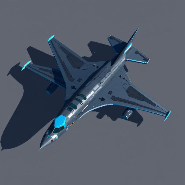 A large dark gray and blue futuristic airplane designed in pixel art style, viewed from above, showcasing its impressive size and sleek design