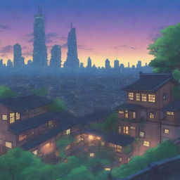 This is a high-resolution image of a sprawling anime-style cityscape at twilight