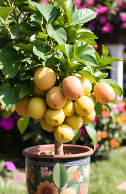 A beautiful guava tree in a decorative pot, brimming with ripe, juicy guavas