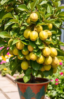 A beautiful guava tree in a decorative pot, brimming with ripe, juicy guavas