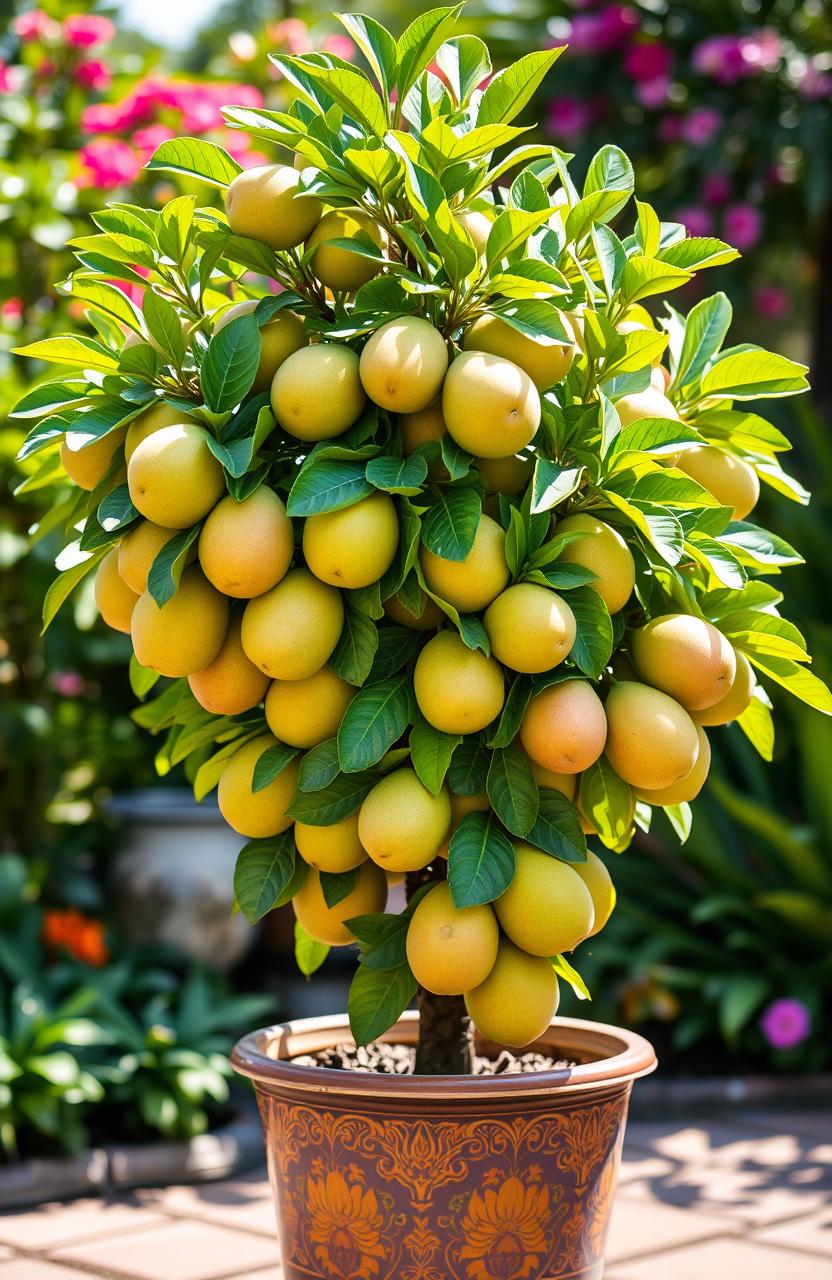 A beautiful guava tree in a decorative pot, brimming with ripe, juicy guavas