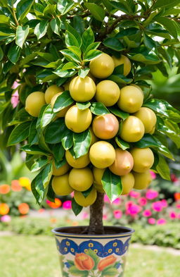 A beautiful guava tree in a decorative pot, brimming with ripe, juicy guavas