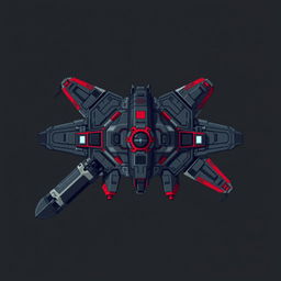 A large futuristic aircraft designed in a stylish pixel art aesthetic, featuring a dark gray and red color scheme