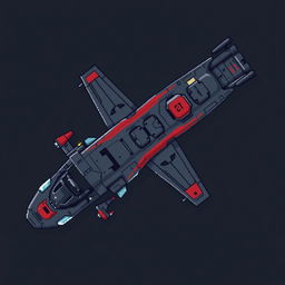 A large futuristic aircraft designed in a stylish pixel art aesthetic, featuring a dark gray and red color scheme