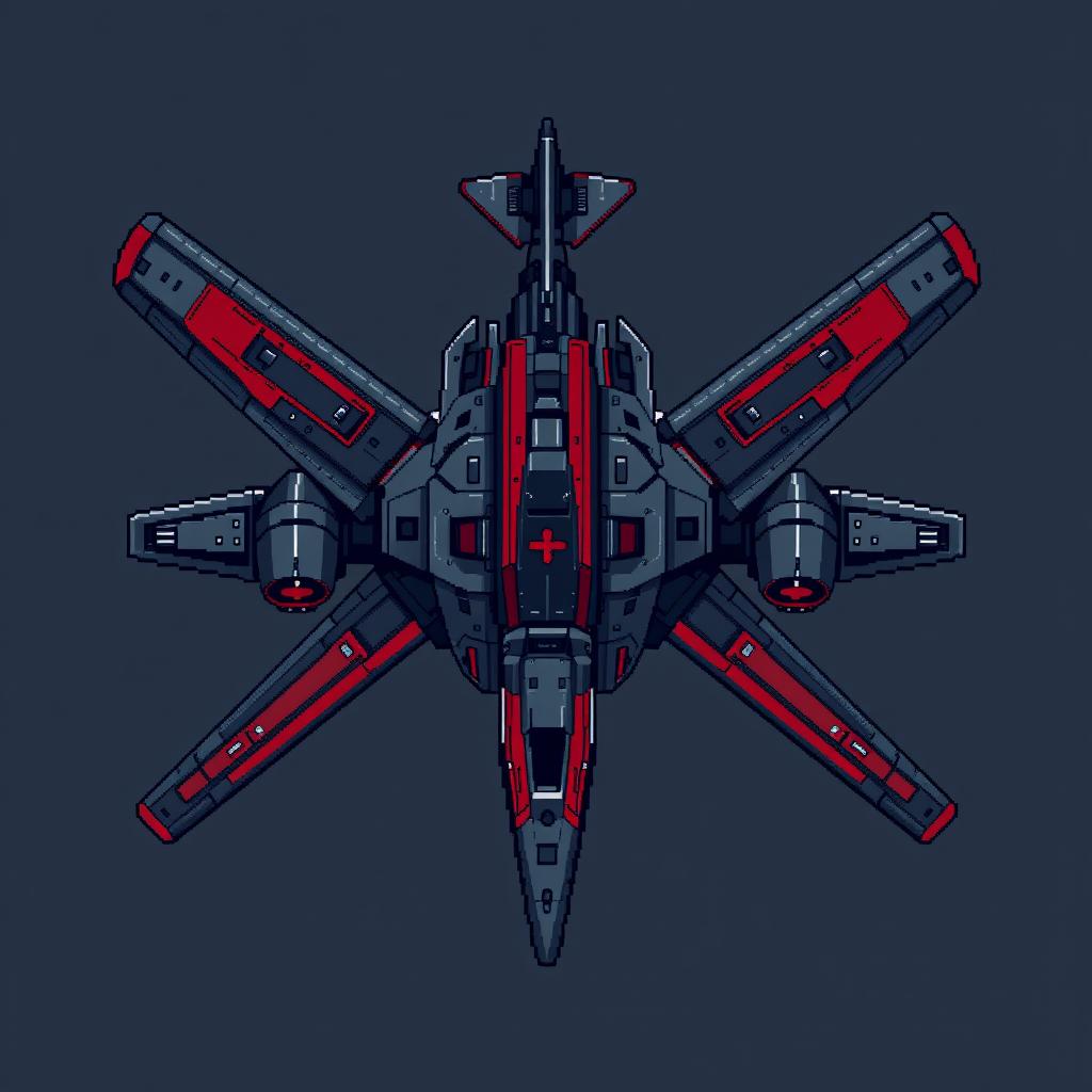 A large futuristic aircraft designed in a stylish pixel art aesthetic, featuring a dark gray and red color scheme