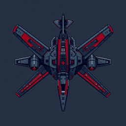 A large futuristic aircraft designed in a stylish pixel art aesthetic, featuring a dark gray and red color scheme