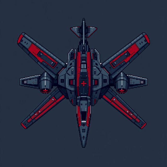A large futuristic aircraft designed in a stylish pixel art aesthetic, featuring a dark gray and red color scheme