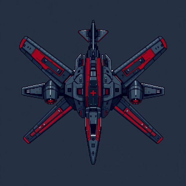 A large futuristic aircraft designed in a stylish pixel art aesthetic, featuring a dark gray and red color scheme