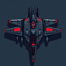 A large futuristic aircraft designed in a stylish pixel art aesthetic, featuring a dark gray and red color scheme