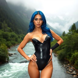 A 20-year-old woman with plastic surgery breasts and vibrant blue hair, wearing a black shiny latex thong bodysuit, posed confidently against a misty mountain river backdrop