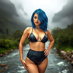 A 20-year-old woman with plastic surgery breasts and vibrant blue hair, wearing a black shiny latex thong bodysuit, posed confidently against a misty mountain river backdrop