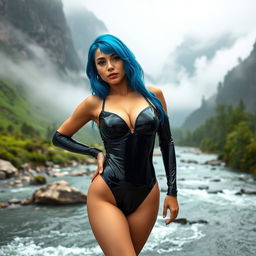 A 20-year-old woman with plastic surgery breasts and vibrant blue hair, wearing a black shiny latex thong bodysuit, posed confidently against a misty mountain river backdrop
