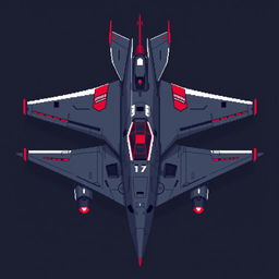 A large futuristic aircraft in a sleek pixel art style, primarily colored dark gray with striking red accents