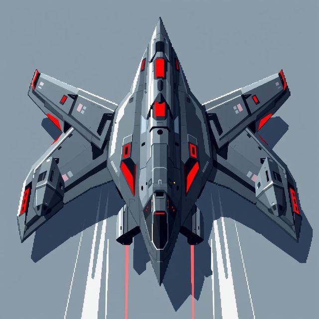 A large futuristic aircraft in a sleek pixel art style, primarily colored dark gray with striking red accents