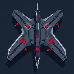 A large futuristic aircraft in a sleek pixel art style, primarily colored dark gray with striking red accents