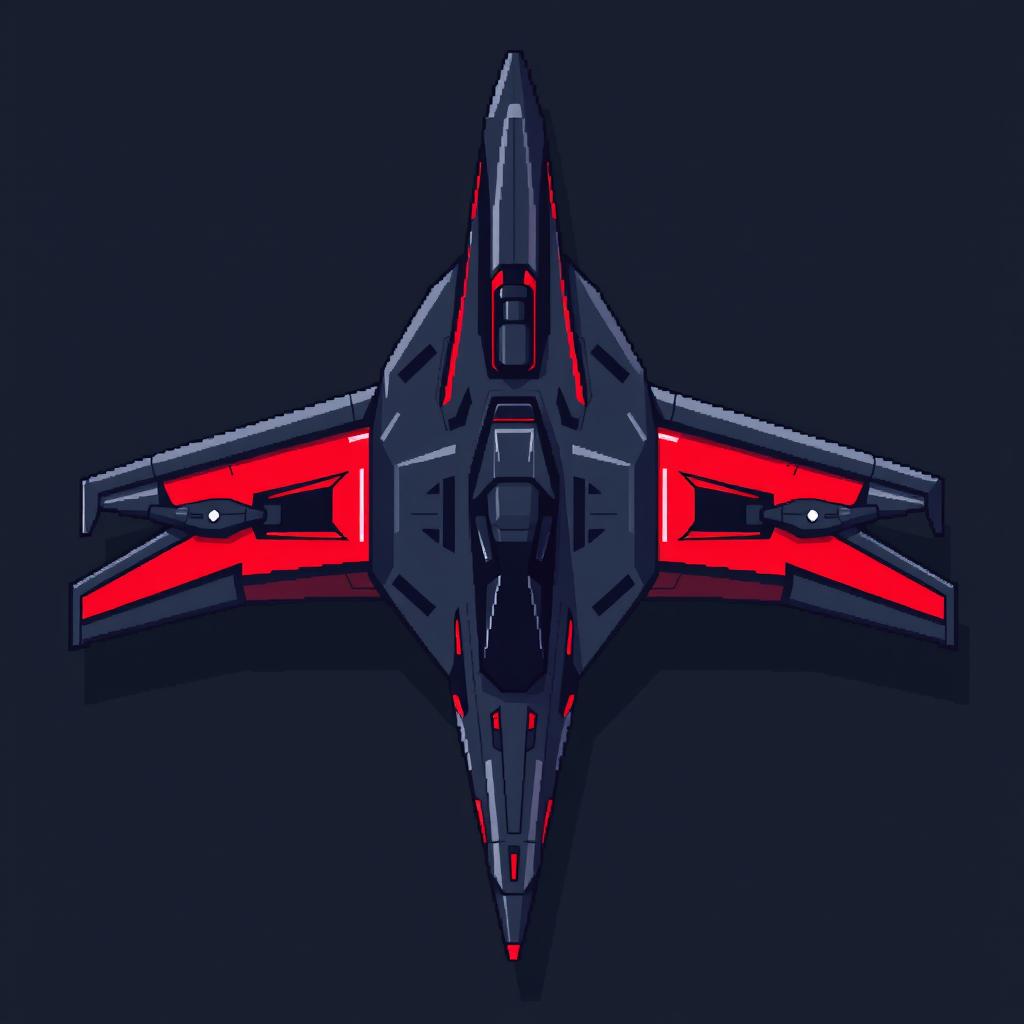 A large futuristic aircraft in a sleek pixel art style, primarily colored dark gray with striking red accents