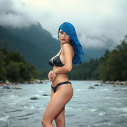 A 20-year-old woman with plastic surgery breasts and vibrant blue hair, wearing a black shiny latex thong bikini, confidently posed against a misty mountain river backdrop