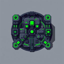 A pixel art style depiction of a futuristic station, viewed from above