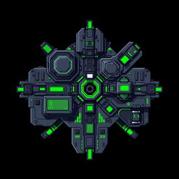 A pixel art style depiction of a futuristic station, viewed from above