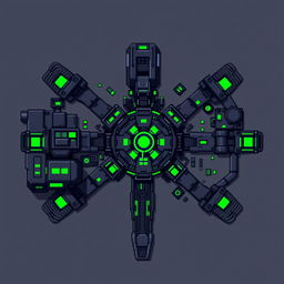 A pixel art style depiction of a futuristic station, viewed from above
