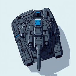 A large futuristic tank depicted in pixel art style, with a color palette consisting of dark gray and blue