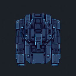 A large futuristic tank depicted in pixel art style, with a color palette consisting of dark gray and blue
