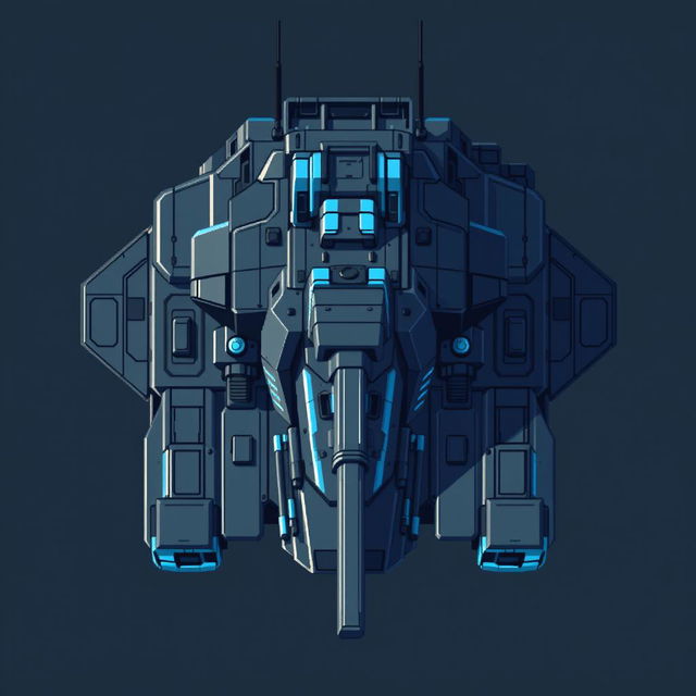 A large futuristic tank depicted in pixel art style, with a color palette consisting of dark gray and blue