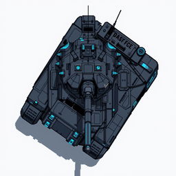 A large futuristic tank depicted in pixel art style, with a color palette consisting of dark gray and blue