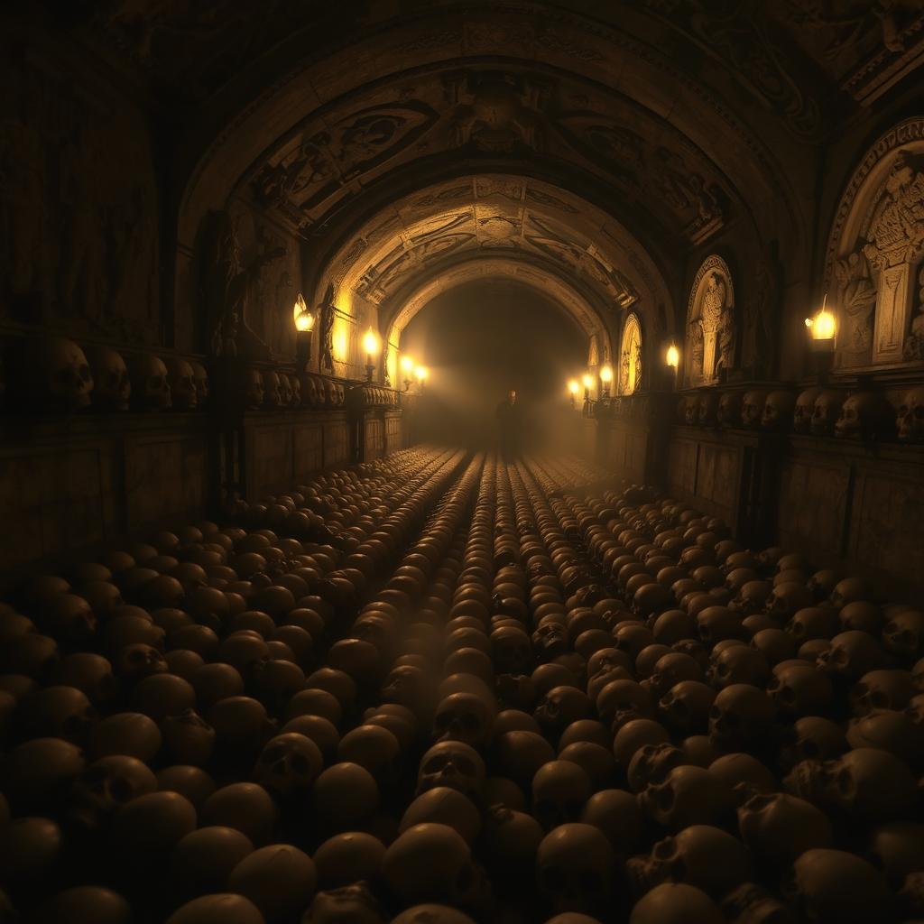 An eerie and haunting view of the Catacombs filled with rows of human skulls, the stone walls adorned with intricate carvings, dimly lit by soft flickering torchlight casting elongated shadows