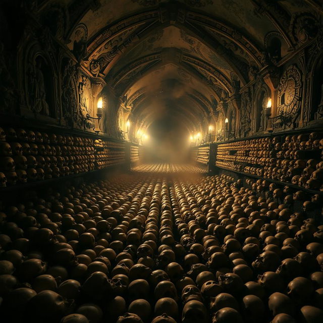 An eerie and haunting view of the Catacombs filled with rows of human skulls, the stone walls adorned with intricate carvings, dimly lit by soft flickering torchlight casting elongated shadows