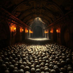 An eerie and haunting view of the Catacombs filled with rows of human skulls, the stone walls adorned with intricate carvings, dimly lit by soft flickering torchlight casting elongated shadows