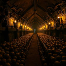 An eerie and haunting view of the Catacombs filled with rows of human skulls, the stone walls adorned with intricate carvings, dimly lit by soft flickering torchlight casting elongated shadows
