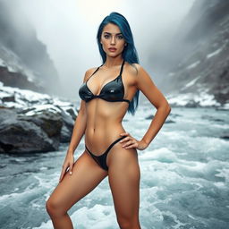 A 20-year-old woman with plastic surgery breasts and striking blue hair, wearing a black shiny latex thong micro-bikini, posed in a sexy stance for a full body view against a misty, icy mountain river backdrop