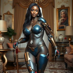 A beautiful black-skinned woman with long hair and a stunning face, has an hourglass figure with a small waist and large breasts, discreetly covered by a small metallic cover over her nipples
