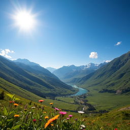 A serene and peaceful landscape featuring a lush green valley under a clear blue sky