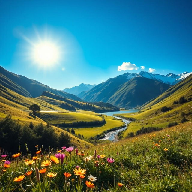 A serene and peaceful landscape featuring a lush green valley under a clear blue sky