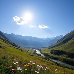 A serene and peaceful landscape featuring a lush green valley under a clear blue sky
