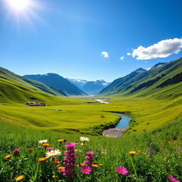 A serene and peaceful landscape featuring a lush green valley under a clear blue sky