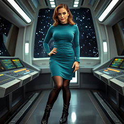 A voluptuous woman wearing a teal Star Trek-inspired tunic and skirt, paired with sleek black tights and stylish black boots