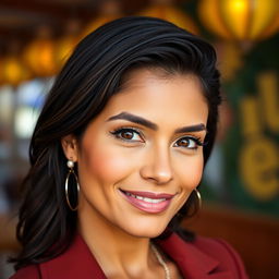 A 35-year-old woman with dark hair and tanned skin, showcasing her expressive eyes that highlight her Latin heritage