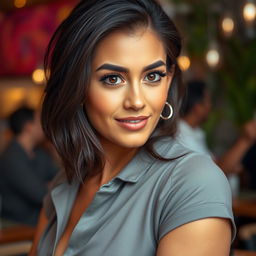A 35-year-old woman with dark hair and tanned skin, showcasing her expressive eyes that highlight her Latin heritage