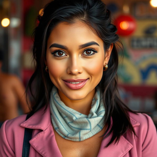 A 35-year-old woman with dark hair and tanned skin, showcasing her expressive eyes that highlight her Latin heritage