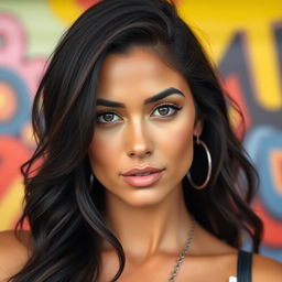 A 35-year-old woman with dark hair and tanned skin, featuring expressive eyes that showcase her Latin heritage