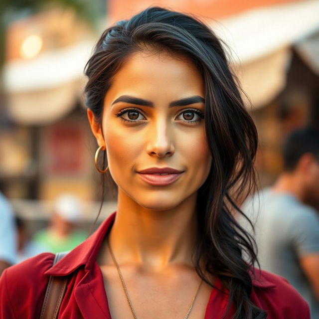 A 35-year-old woman with dark hair and tanned skin, featuring expressive eyes that showcase her Latin heritage