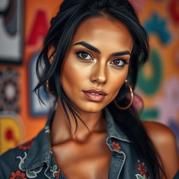 A 35-year-old woman with dark hair and tanned skin, featuring expressive eyes that showcase her Latin heritage