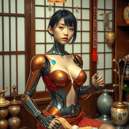 A strange young woman with an Asian face, appearing 18 years old and possessing a unique blend of human and robotic traits