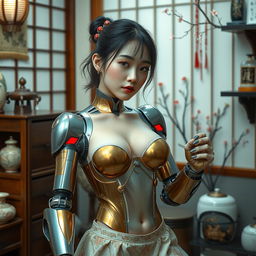 A strange young woman with an Asian face, appearing 18 years old and possessing a unique blend of human and robotic traits