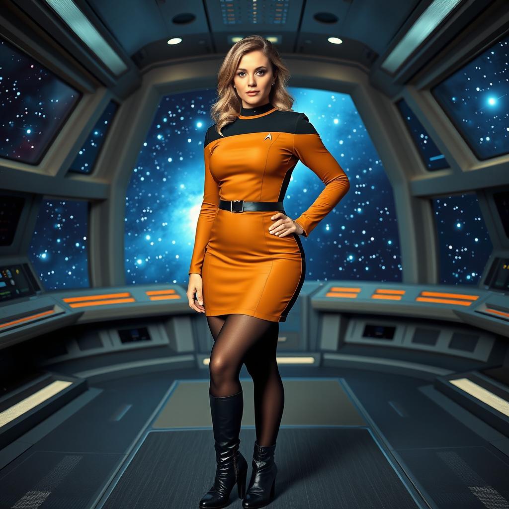 A voluptuous woman dressed in a classic Star Trek tunic with a skirt, complemented by black tights and stylish black boots